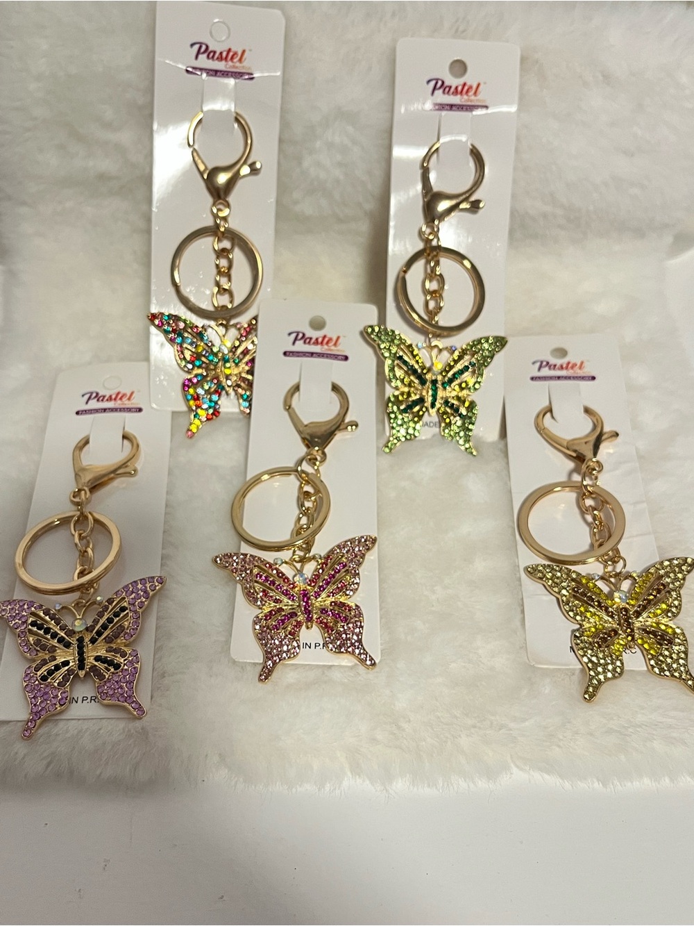 Pastels Gold Butterfly Keychain - Pink/Green/Multicolor Rhinestone Accent